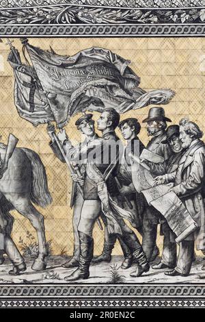 Procession of Princes, detail, students with flags, architect Hermann Nicolai, mural on tiles of the Meissen Porcelain Manufactory, Dresden Residence Stock Photo