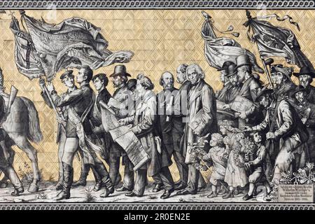 Procession of Princes, detail, group of artists, students, scientists and citizens, mural on tiles of the Meissen Porcelain Manufactory, Dresden Stock Photo