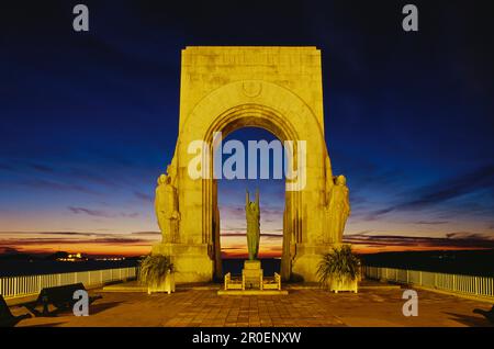 Illuminated gate in front of mediterranean sea in the evening, Marseille, Bouches du Rhone, Provence, France, Europe Stock Photo
