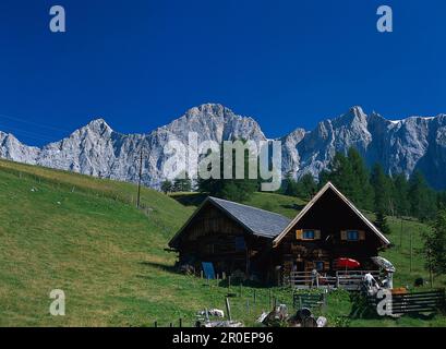 Mountain lodge in front of Dachstein mountains, Ramsau, Styria, Austria Stock Photo