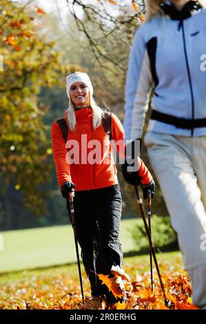 Young women Nordic Walking, Nordic Walking, Herbst, Young Woman, Nordic Walking, Voralpenland, Germany, Junge Frau, Nordic Walking, Herbst, Voralpenla Stock Photo