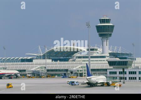 Munich Airport, Tower and new Terminal, Munich, Germany Stock Photo