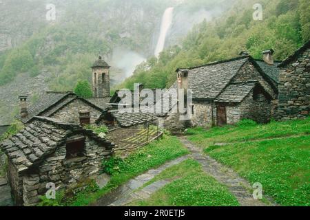 Stone houses in mountain village, Foroglio, Bavonstal, Ticino, Switzerland Stock Photo