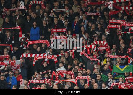 Nottingham Forest fans chant during the Premier League match Nottingham Forest vs Southampton at City Ground, Nottingham, United Kingdom, 8th May 2023  (Photo by Craig Thomas/News Images) Stock Photo