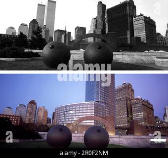 NYC before and after: Battery Park, USA, New York City, before and after the destruction of the World Images of a City Buch, S. 76/77 Stock Photo