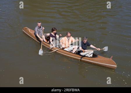 Canoe Paddlers on River Haune, Haunetal-Rhina, Rhoen, Hesse, Germany Stock Photo