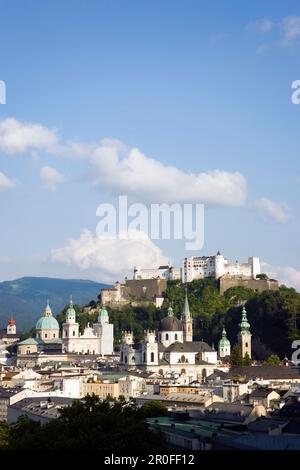 Panoramic view over Salzburg with Hohensalzburg Fortress, largest, fully-preserved fortress in central Europe, Salzburg Cathedral, Franciscan Church, Stock Photo