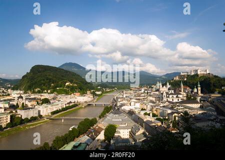 Panoramic view over Salzburg with Salzach, Hohensalzburg Fortress, largest, fully-preserved fortress in central Europe, Salzburg Cathedral, Franciscan Stock Photo