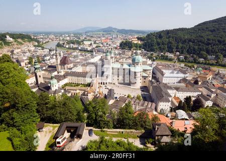 View from mountain Festungsberg over Salzburg with cathedral, dedicated to Saint Rupert and Saint Vergilius, Salzburg, Salzburg, Austria, Since 1996 h Stock Photo