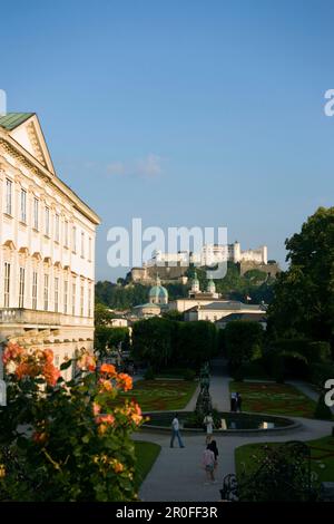 View over Mirabell castle and garden to Hohensalzburg Fortress, largest, fully-preserved fortress in central Europe, Salzburg, Salzburg, Austria Stock Photo