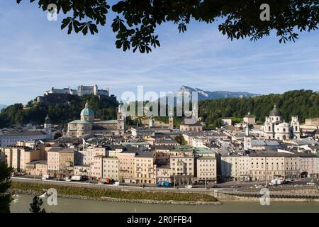 View over Salzach to Old Town with Hohensalzburg Fortress, largest, fully-preserved fortress in central Europe, Salzburg Cathedral, Franciscan Church Stock Photo