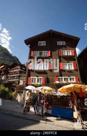 Souvenir stall at Bahnofplatz, Zermatt village, Zermatt, Valais, Switzerland Stock Photo