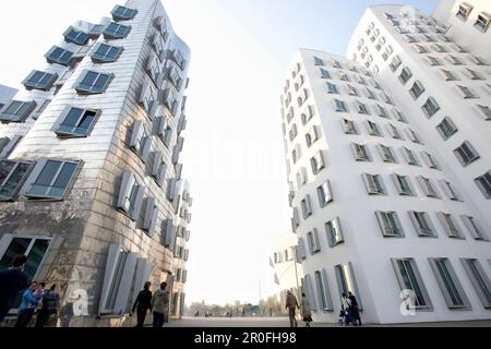 Tourists at the Neuer Zollhof, modern architecture from Frank O.Gehry, office buildings, Media Harbour, Düsseldorf, state capital of NRW, North-Rhine- Stock Photo