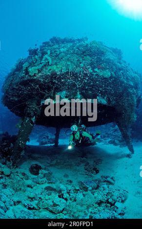 Scuba diver and Jacque Cousteaus Precontinent 8, Sudan, Africa, Red Sea, Shaab Rhumi Stock Photo