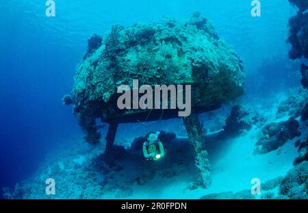 Scuba diver and Jacque Cousteaus Precontinent 2,  Sudan, Africa, Red Sea, Shaab Rhumi Stock Photo