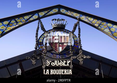 Barcelona, Ramblas,  Mercat de Sant Josep, La Boqueria market, Entrance sign Stock Photo