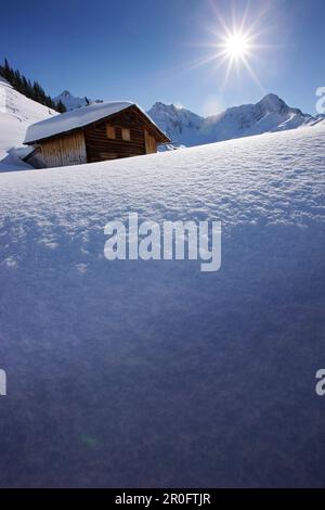 Lodge in snow, skiing region Sonnenkopf, Vorarlberg, Austria Stock Photo