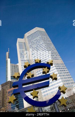 Euro Sign and European Central Bank Tower, Frankfurt, Hesse, Germany Stock Photo