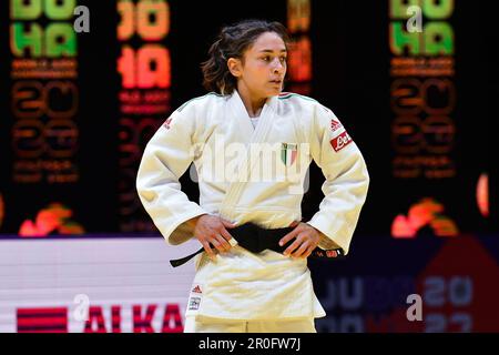 Doha, Qatar, 7 May 2023. Assunta Scutto of Italy reacts in -48kg Women's bronze medal match during the World Judo Championships 2023 - Day 1 in Doha, Qatar. May 7, 2023. Credit: Nikola Krstic/Alamy Stock Photo