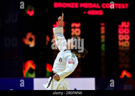 Doha, Qatar, 7 May 2023. Assunta Scutto of Italy reacts in -48kg Women's bronze medal match during the World Judo Championships 2023 - Day 1 in Doha, Qatar. May 7, 2023. Credit: Nikola Krstic/Alamy Stock Photo