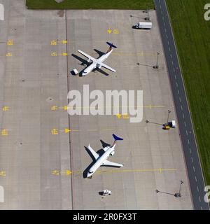 Aerial shots of airplanes on airfield, Hanover/Langenhagen International Airpor, Hanover, Lower Saxony, Germany Stock Photo