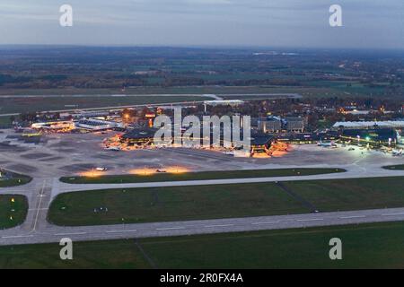 Aerial shot of Hanover/Langenhagen International Airport in the evening, Hanover, Lower Saxony, Germany Stock Photo