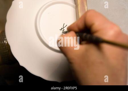 Marking of a chinaware plate, porcelain manufacture Meissen, Saxony, Germany Stock Photo