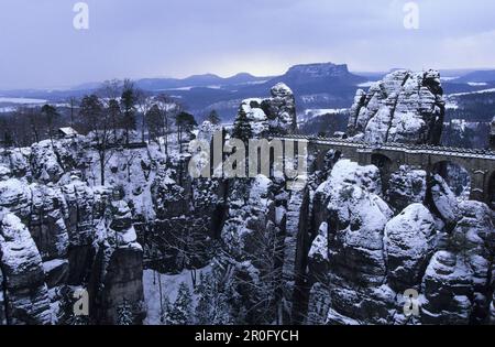 View to Bastei bridge in winter, Saxon Switzerland, Elbe Sandstone Mountains, Saxony, Germany Stock Photo