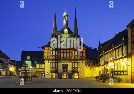 Town hall at market square at night, Wernigerode, Saxony-Anhalt, Germany Stock Photo