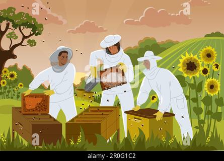 Beekeepers with beehives Stock Vector