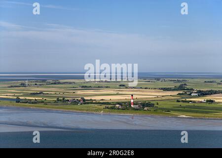 Aerial shot of Pellworm island with lighthouse, Schleswig-Holstein, Germany Stock Photo