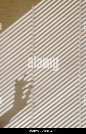 Abstract shadows from the blinds and hand silhouette on the wall Stock Photo