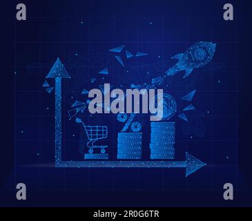 Growth in market sales. Increasing cash flows in economy. Business, inflation, finance and deflation concept. Consumer price index chart. Neon diagram Stock Vector