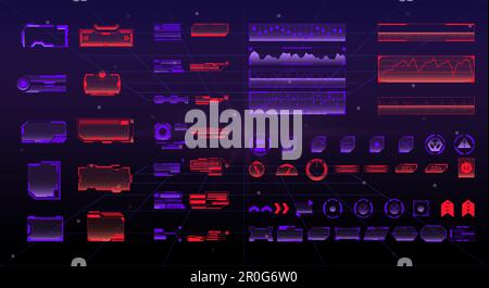 Futuristic user interface set. Neon panel with holographic elements. Display window with buttons, arrow and frame. High tech game pad for ui. Vector i Stock Vector