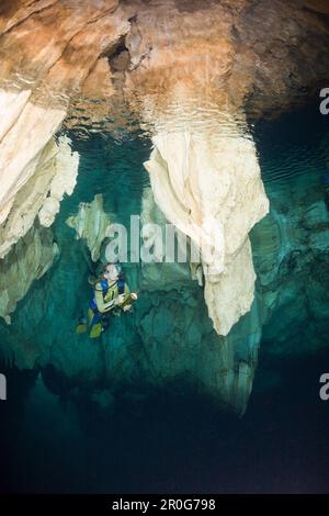 Diver in Chandelier Dripstone Cave, Micronesia, Palau Stock Photo