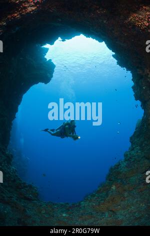 Diver in Blue Hole Cave, Micronesia, Palau Stock Photo