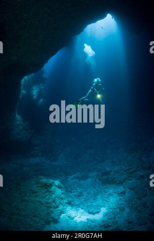 Diver in Blue Hole Cave, Micronesia, Palau Stock Photo