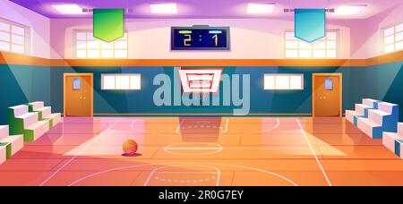 Basketball court with hoop. Empty hall for physical education, tournaments and game competitions. School or university sports facility with fan stand Stock Vector