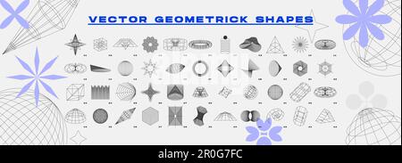 Wireframes 3D models set. Collection of geometric volumetric forms in brutalism style. Transformed and distortion linear graphics shapes. Vector illus Stock Vector