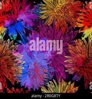 Seamless pattern of colored chrysanthemums. On a dark background. Vector illustration Stock Vector