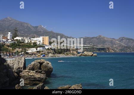 Playa del Salon, Balcon de Europa in background, Nerja, Andalusia, Spain Stock Photo