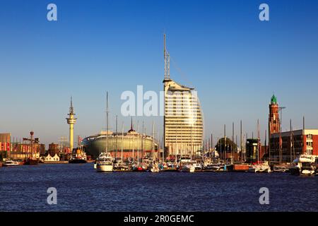 New harbour with television tower, Klimahaus 8° Ost, Atlantic Hotel Sail City and lighthouse Loschenturm, Bremerhaven, Hanseatic City of Bremen, Germa Stock Photo