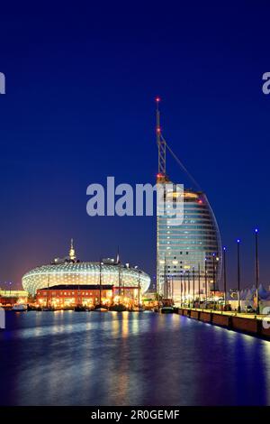 New harbour with Klimahaus 8° Ost and Atlantic Hotel Sail City in the evening, Bremerhaven, Hanseatic City of Bremen, Germany, Europe Stock Photo