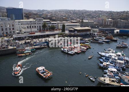 View at fishing boats at harbour and city, Valparaiso, Chile, South America, America Stock Photo