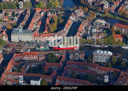 Aerial shot old town and harbor, Emden, Lower Saxony, Germany Stock Photo