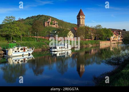 Estuary of the Tauber rivulet into the Main river, Wertheim, Main river, Odenwald, Spessart, Baden-Württemberg, Germany Stock Photo