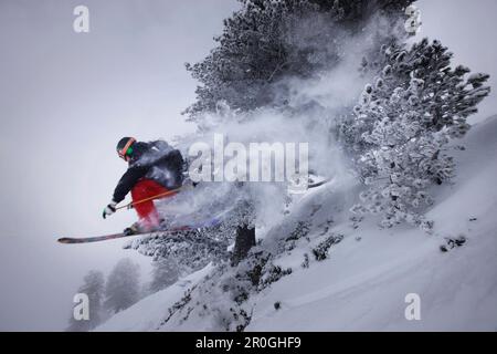 Male free skier jumping, Mayrhofen, Ziller river valley, Tyrol, Austria Stock Photo