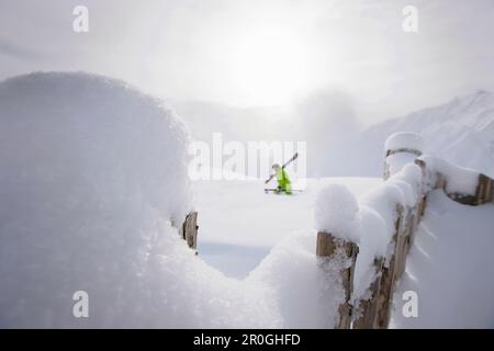 Male free skier ascending in deep snow, Mayrhofen, Ziller Valley, Tyrol, Austria Stock Photo