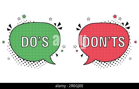 Comic speech bubble with do's and don'ts icons. Vector bright dynamic cartoon illustration in retro pop art style. Vector illustration Stock Vector