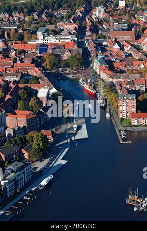 Aerial shot of harbor Ratsdelft, old town, Emden, Lower Saxony, Germany Stock Photo